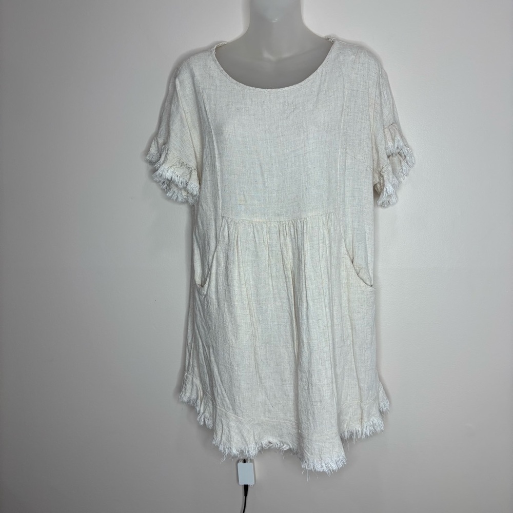 Umgee linen blend beige tan dress short sleeve with pockets casual size small